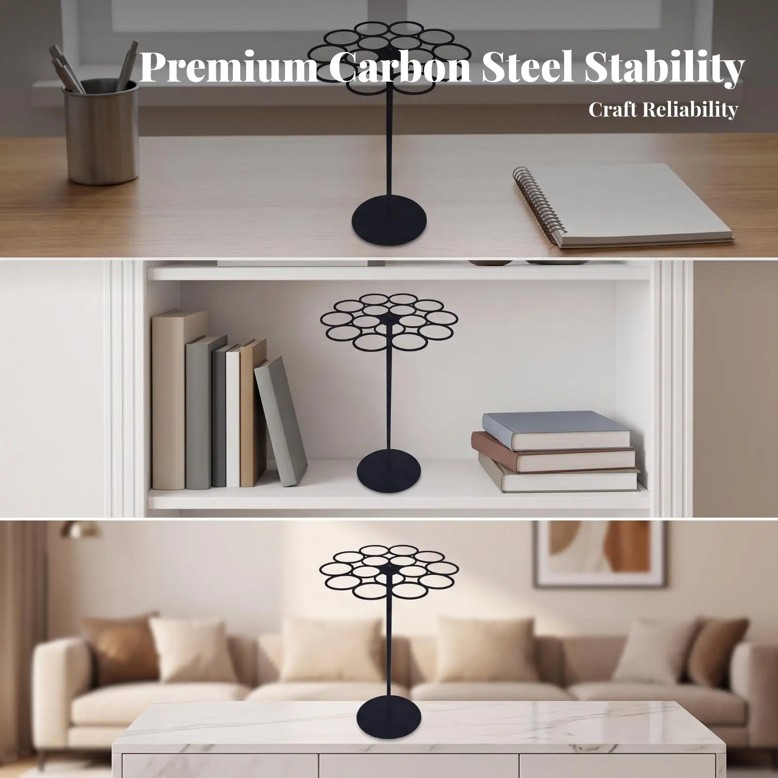 Black Rotating Medal Rack Display Holder 15 Ring Carbon Steel Stand for Sports Trophies and Achievement Awards