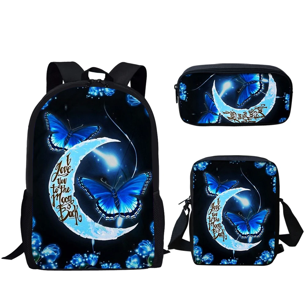 Belidome-Conjunto de 3 mochilas escolares con estampado de Luna y mariposa azul para chicas adolescentes, mochila informal para estudiantes de primaria, bolsa para libros de regreso a la escuela