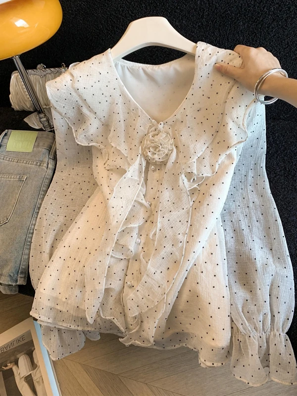 

V-Ne Chiffon irt Polka Dot Spring Faion Korean Sle Blouse Lace Trim Ele Women's Premium Quali Top