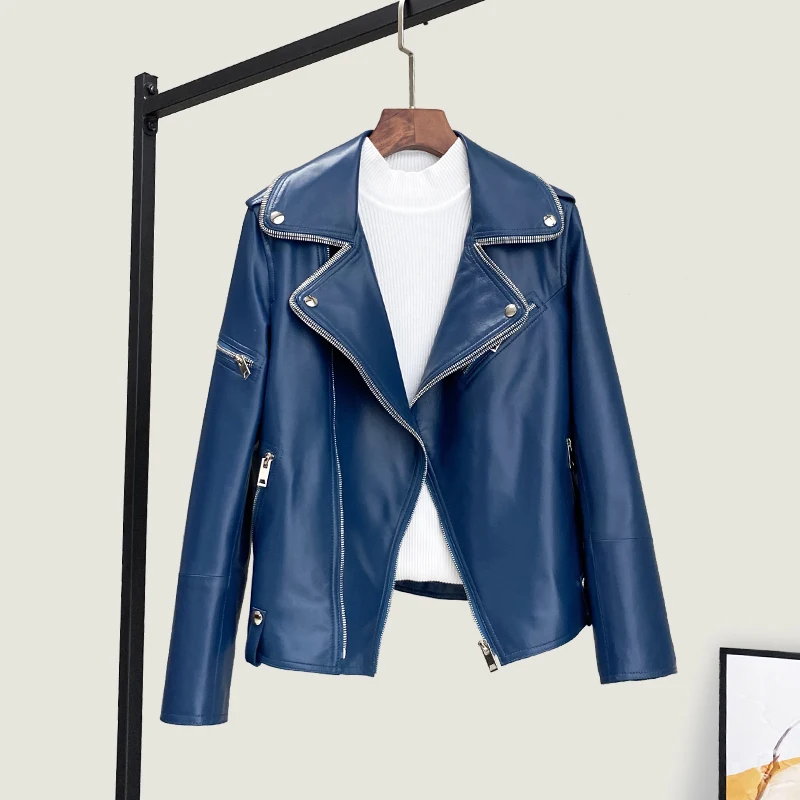 2025 Autunno Nuovo Stile Giacca di Pelle Genuina Per Le Donne Slim Fit Cappotto di Pelle di Pecora Collare Del Vestito Del Motore Biker Giacca di Pelle Più Il Formato