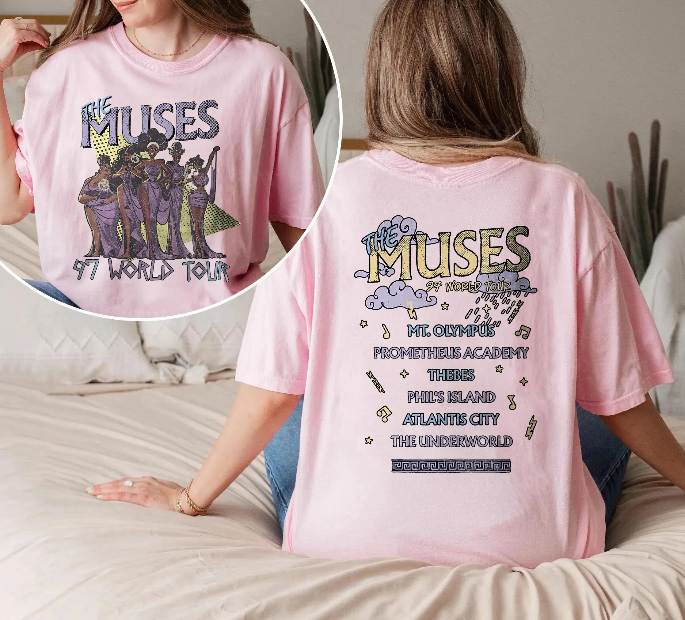 قميص مريح ملون ريترو ديزني هرقل The Muses 97 World Tour قميص ريترو ديزني هرقل ديفا حفلة موسيقية الأغنية