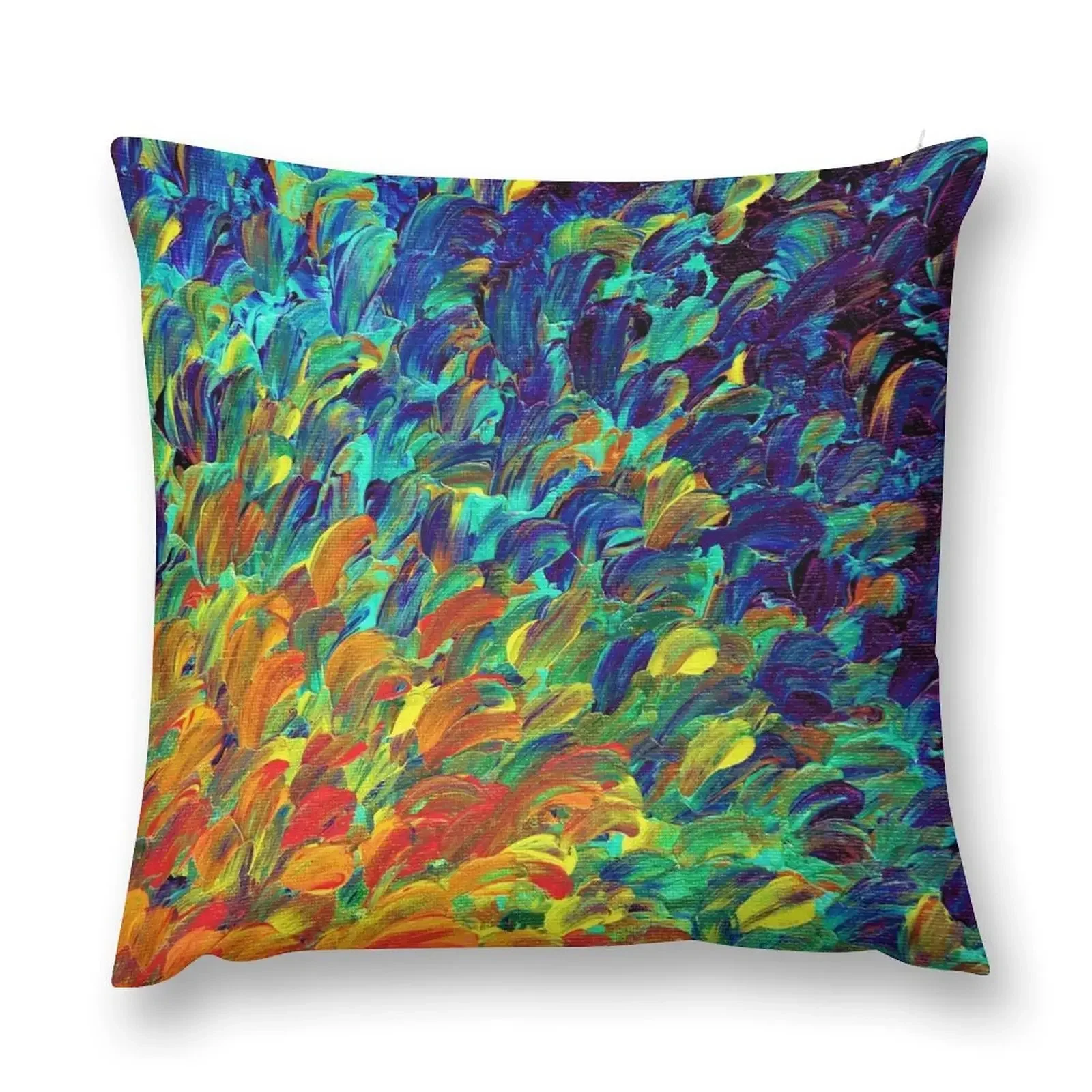 FOLLOW THE CURRENT 1, Bold Colorful Abstract Acrylic Painting Ocean Waves Blue Orange Splash Ombre Fine Art Throw Pillow