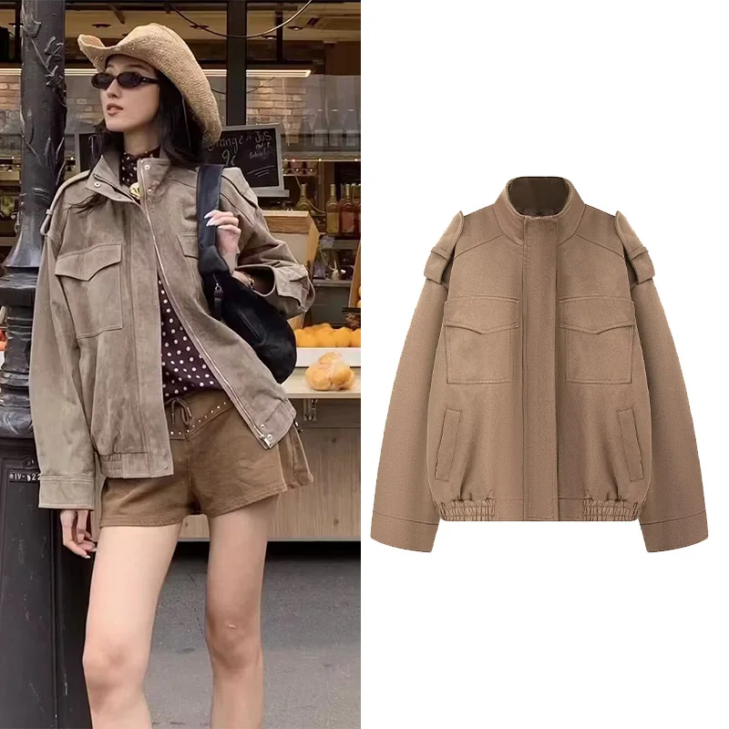 

NERHEFZ Autumn Winter Women Suede Leather Jacket Fashion High Collar Long Sleeves Elegant Lady Warm Coat with Zipper Chic Tops