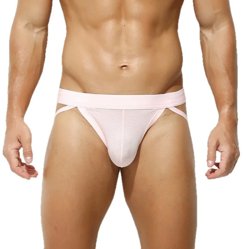 Men's Thong High Fork Hollow Panties Ice Silk Thin Underwear Low Waist Sexy U Convex Pouch Underpants Open Butt Thong Lingerie