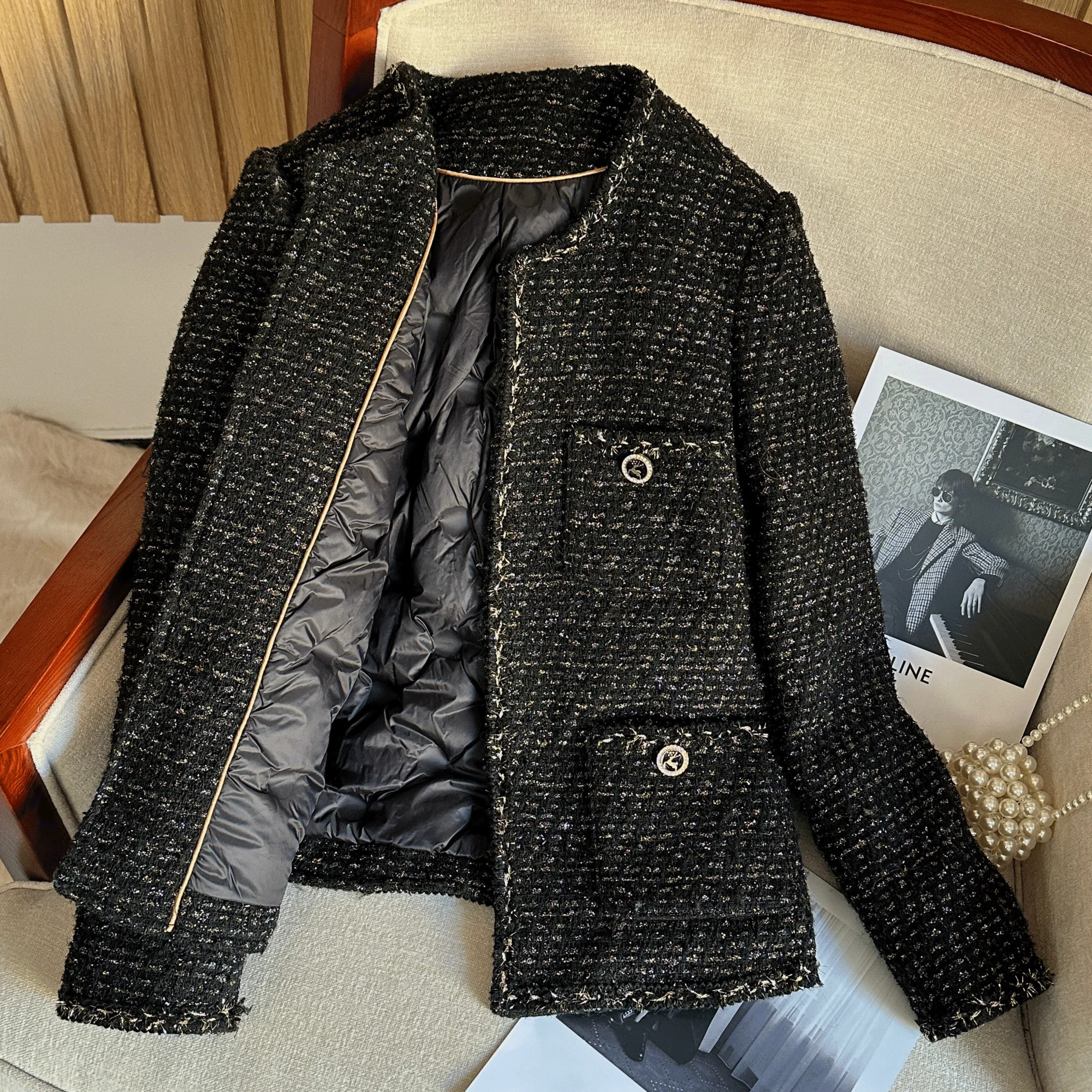   가을 겨울용 양모 트위드 안감이 있는 패셔너블한 헤비웨이트 퀼팅 다운 재킷 세트