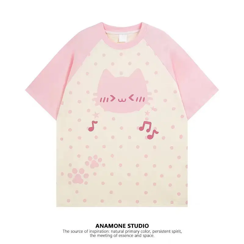 

Y2K Aesthetic Sweet Japanese Polka Dots Short Sleeves T-shirt Women Summer Shirt Design Patchwork Cat Cute Tops Kawaii Clothes