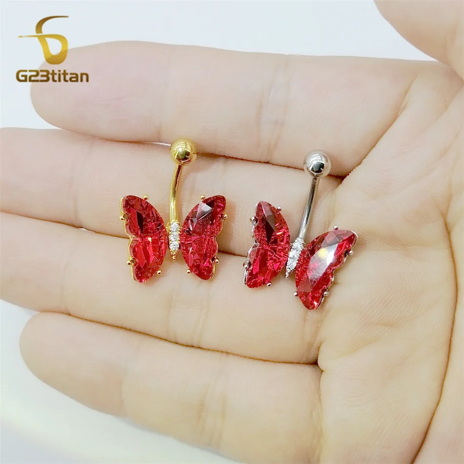 G23titan Women Summer Jewelry Red Crystal Butterfly Navel Ring 14G Titanium Steel Belly Button Bar Body Piercing Sexy Accessory image 4