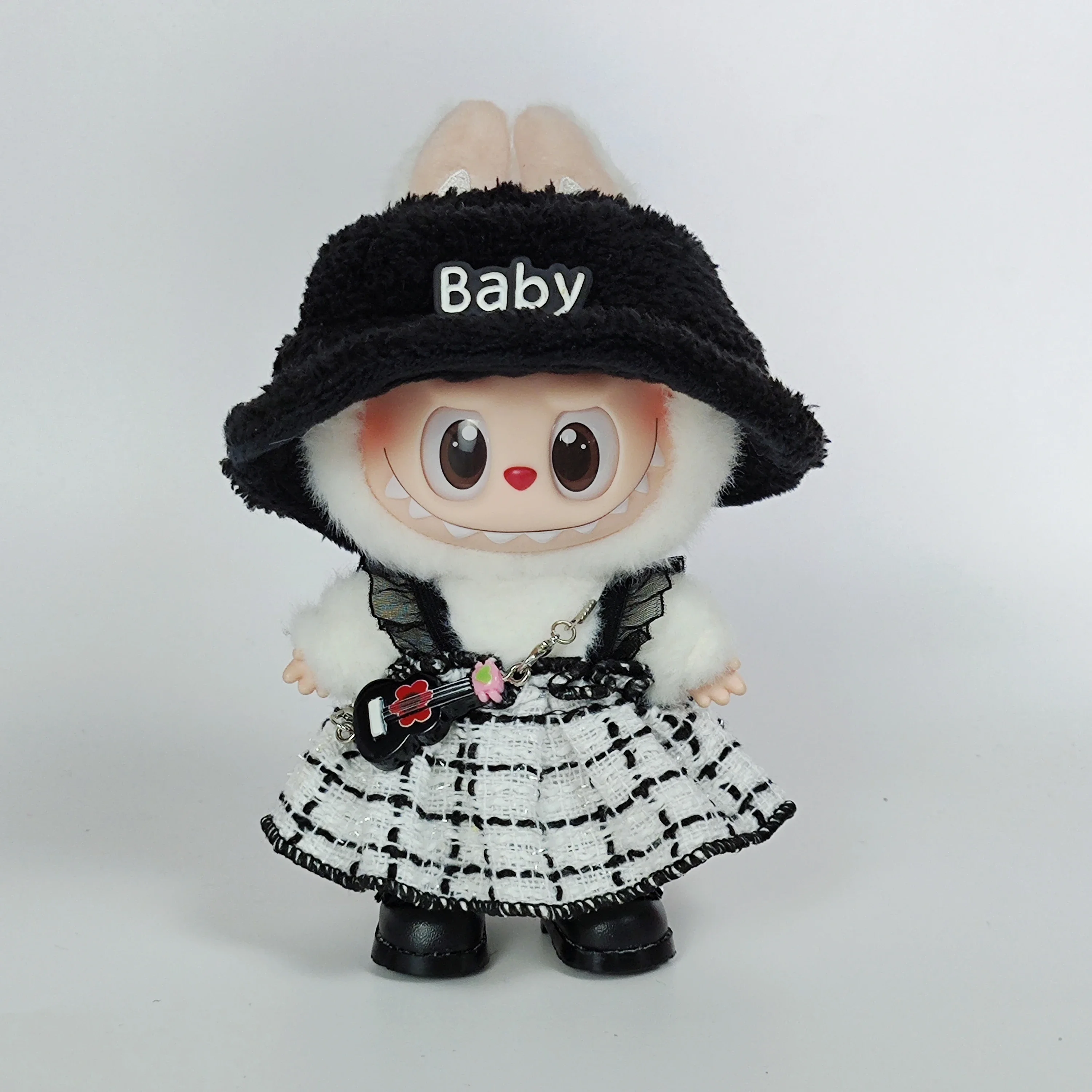 Clothes for Labubu   Hanging Outfits - Sitting Doll White Patchwork Plaid Pinafore Dress (Chanel-style)