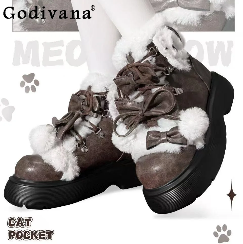 

2K Subculture Japanese Original Lolita Thick-Soled Short Boots Punk Style Sweet Cute Girl Bowknot Plush Winter New Warm Boots