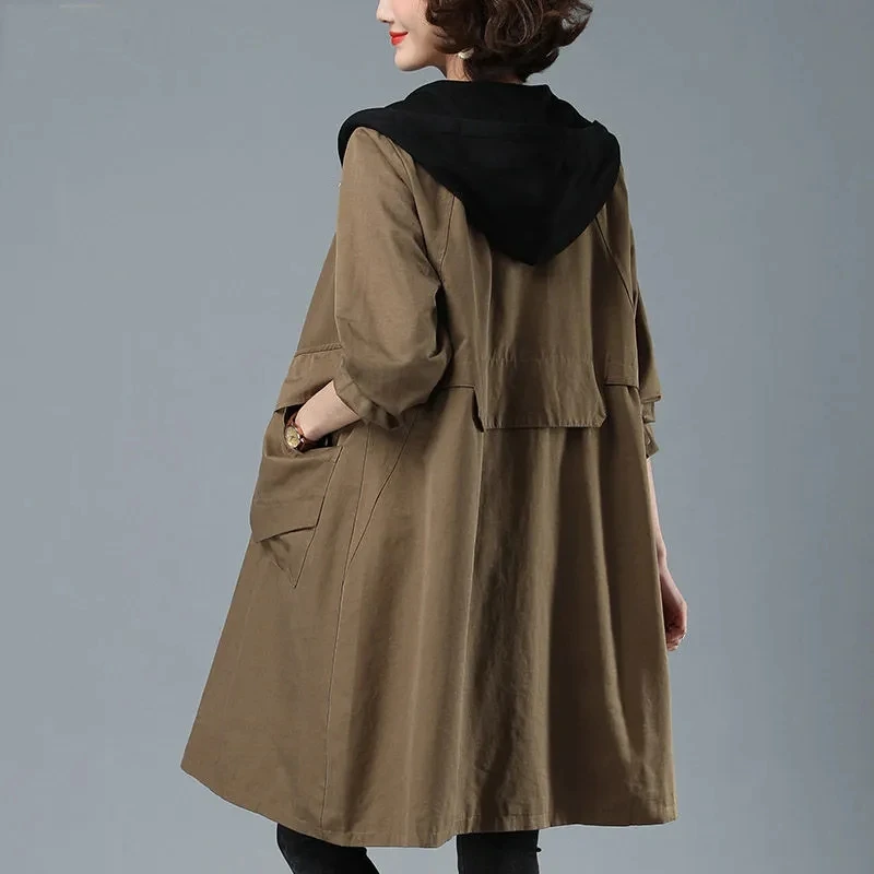 

2023 New Spring Trench Coat Women Hooded Splicing Windbreaker Autumn Fashion Loose Zipper Cardigan Outerwear Female Clothing