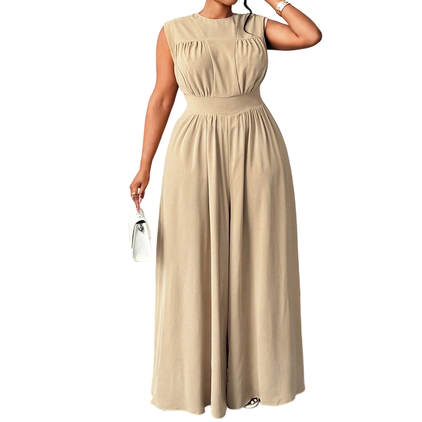 

Women Plus Size Jumpsuits Solid Color Round Neck Sleeveless Summer Wide-Leg Rompers Overalls