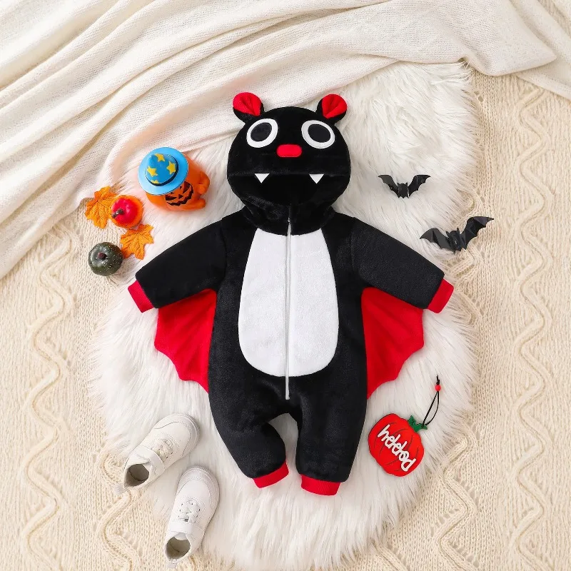 Baby Black Red Bat Hooded Romper With Ears Teeth And Wings Halloween Cosplay Costume Warm Fleece Jumpsuit For Infant 0 24 Months