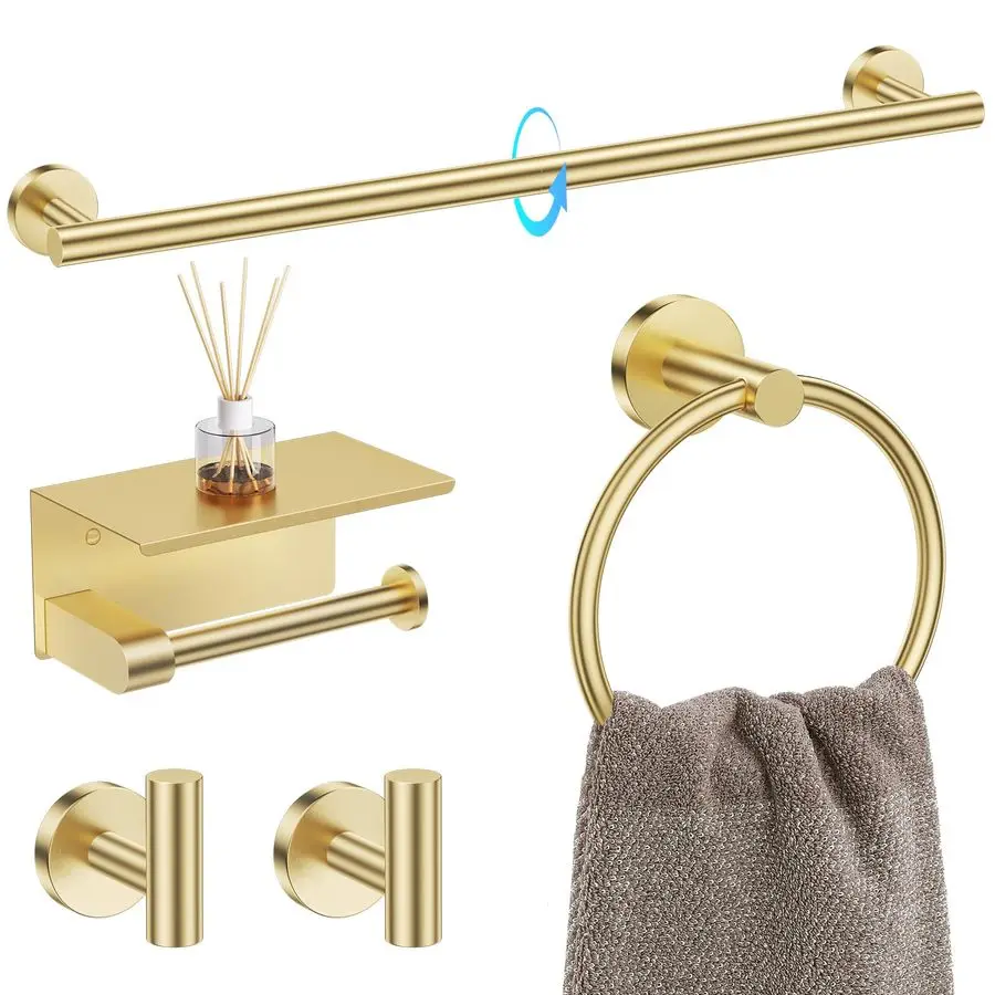 

5 Piece Bathroom Towel Bar Holder Sets Brushed Gold Bathroom Hardware Set Stainless Steel Toilet Paper Holder with Shelf Bathroo