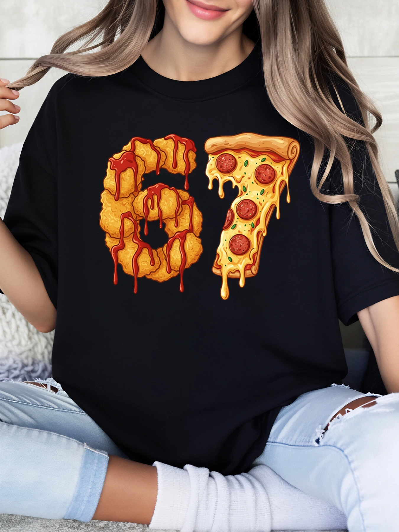 Camiseta con estampado de Pizza Slice and Cheese número 67 para cumpleaños, ropa informal para mujer, traje de fiesta negro de talla grande