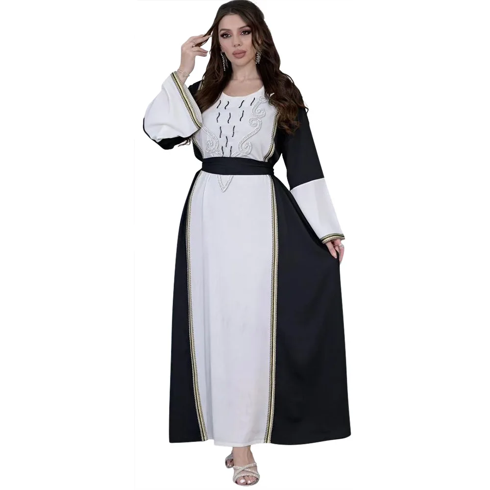 New Dubai Abaya Arabia Muslim Dress Women Lace-up Casual Party Elegance Long Sleeve Daily Dress Kaftan Femme Musulman with Belt