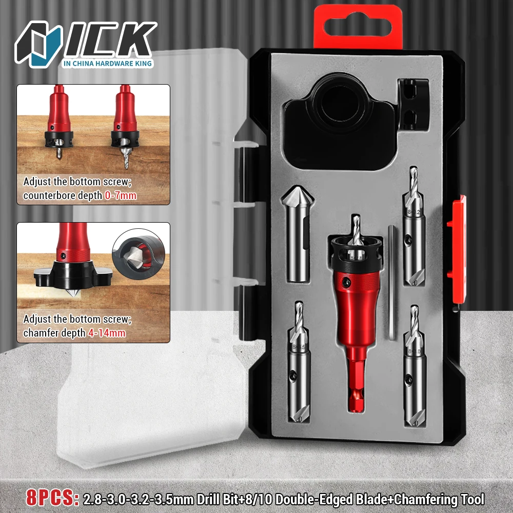 Multifunction Countersink Drill Bit Set with Adjustable Depth Stop Converts to 45 Degree Chamfer Cutter Dual Sided 8/10mm Blade