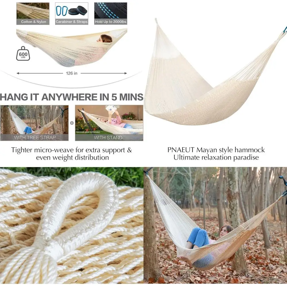 

Мягкий веревочный гамак ручной работы XL для использования на открытом воздухе/в помещении, вмещает до 600 фунтов, включает ремни и карабины для деревьев, вдохновленный природой