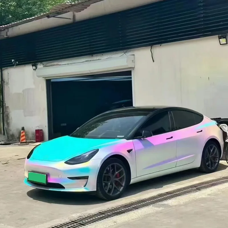 PET Iridescent Chrome Matte Rainbow White Vinyl Wrap Roll Self Adhesive Sticker Decal Air Release Motorcycle Car Wrapping Film