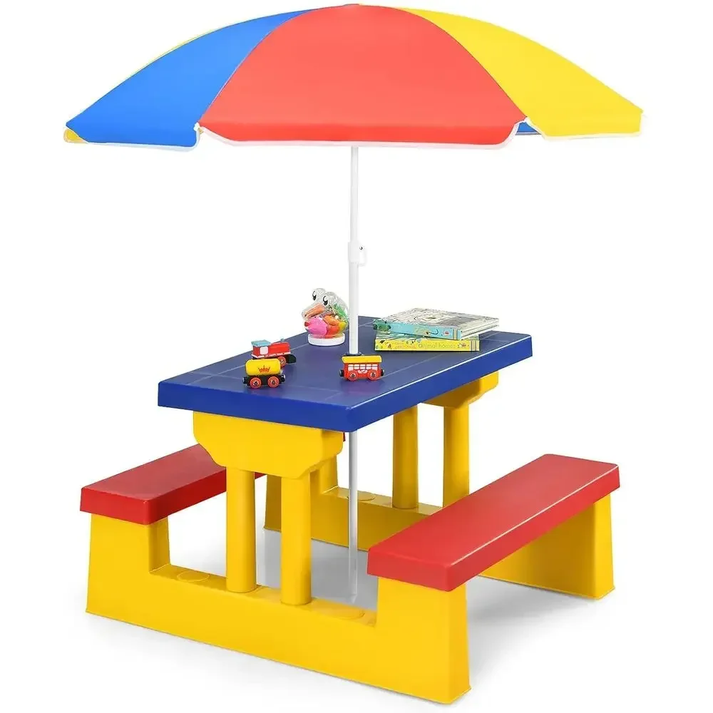 Multicolor Outdoor Kids Picnic Table Set with Removable Umbrella, Plastic Benches for Backyard, Garden, Nursery