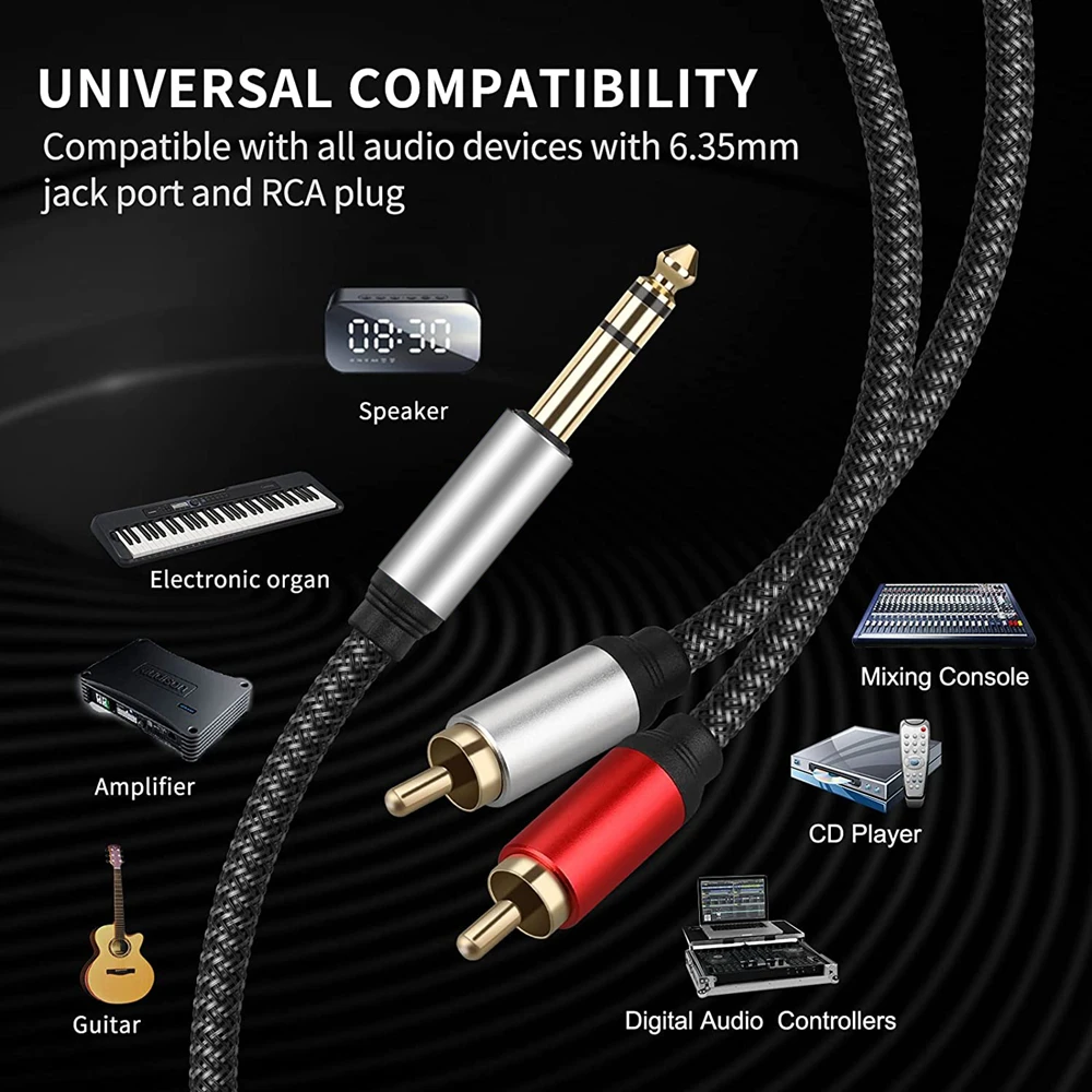 6.35mm to 2RCA Adapter Cable 1m 2m 3m Length High Quality Audio Converter for Musical Instruments Headphones Speakers