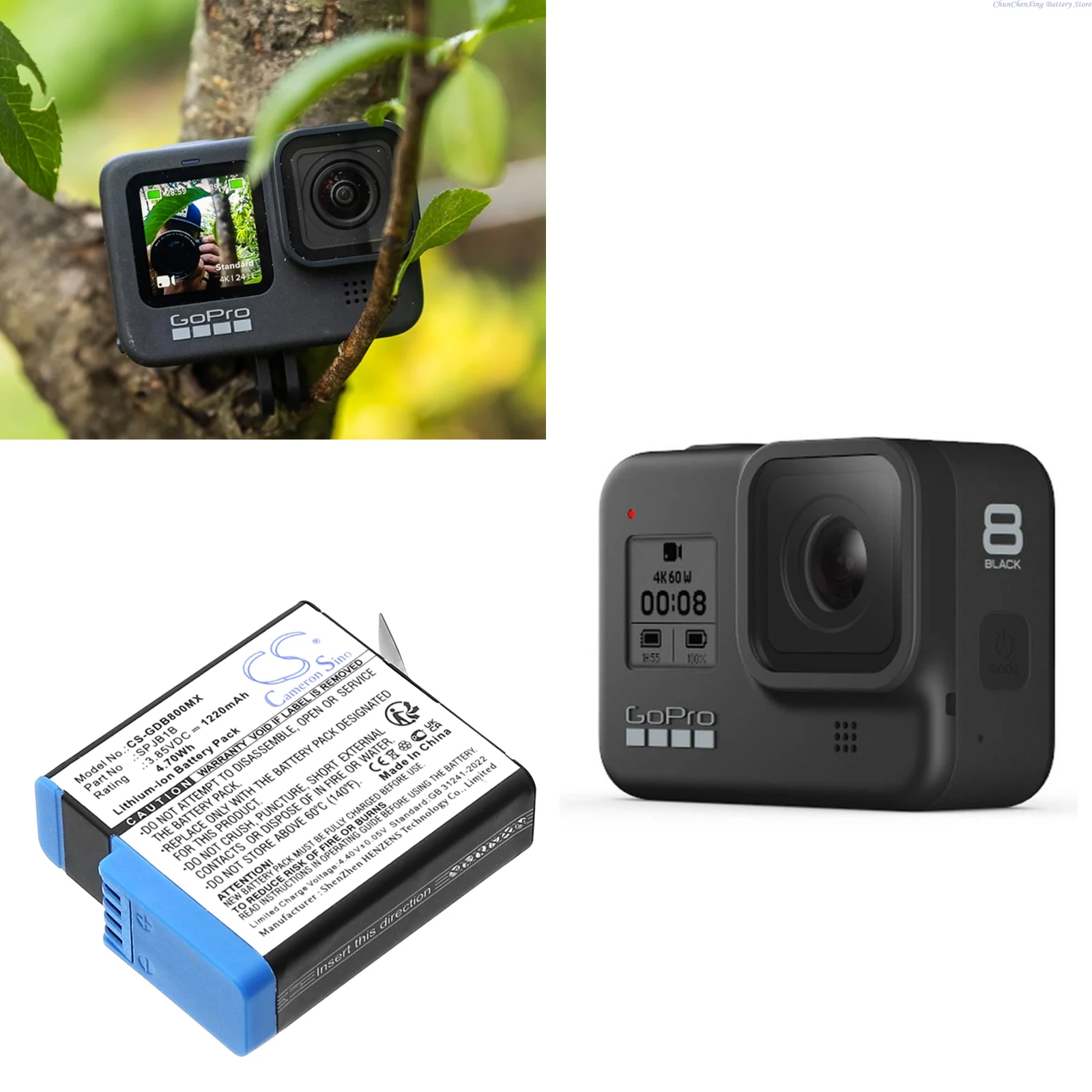 3.85V 1220mAh Camera Battery SPJB1B for GoPro Hero 8 Black, Hero 7 Black, Hero 6 Black, Hero 5 Black, HD8.01,Hero 8,Hero 7 White