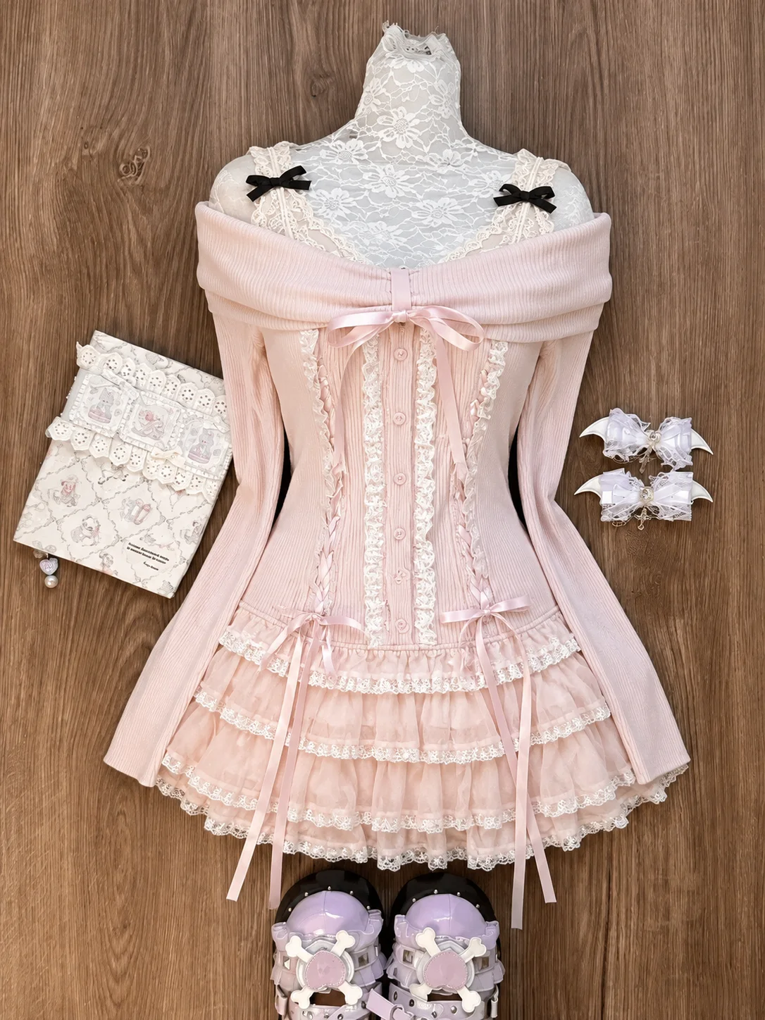 Japanese Sweet Preppy Style Skirt Set Women Kawaii Lace Patchwork Bow Tops + Y2k Plaid Mini Skirt Elegant Outifits 2 Piece Set