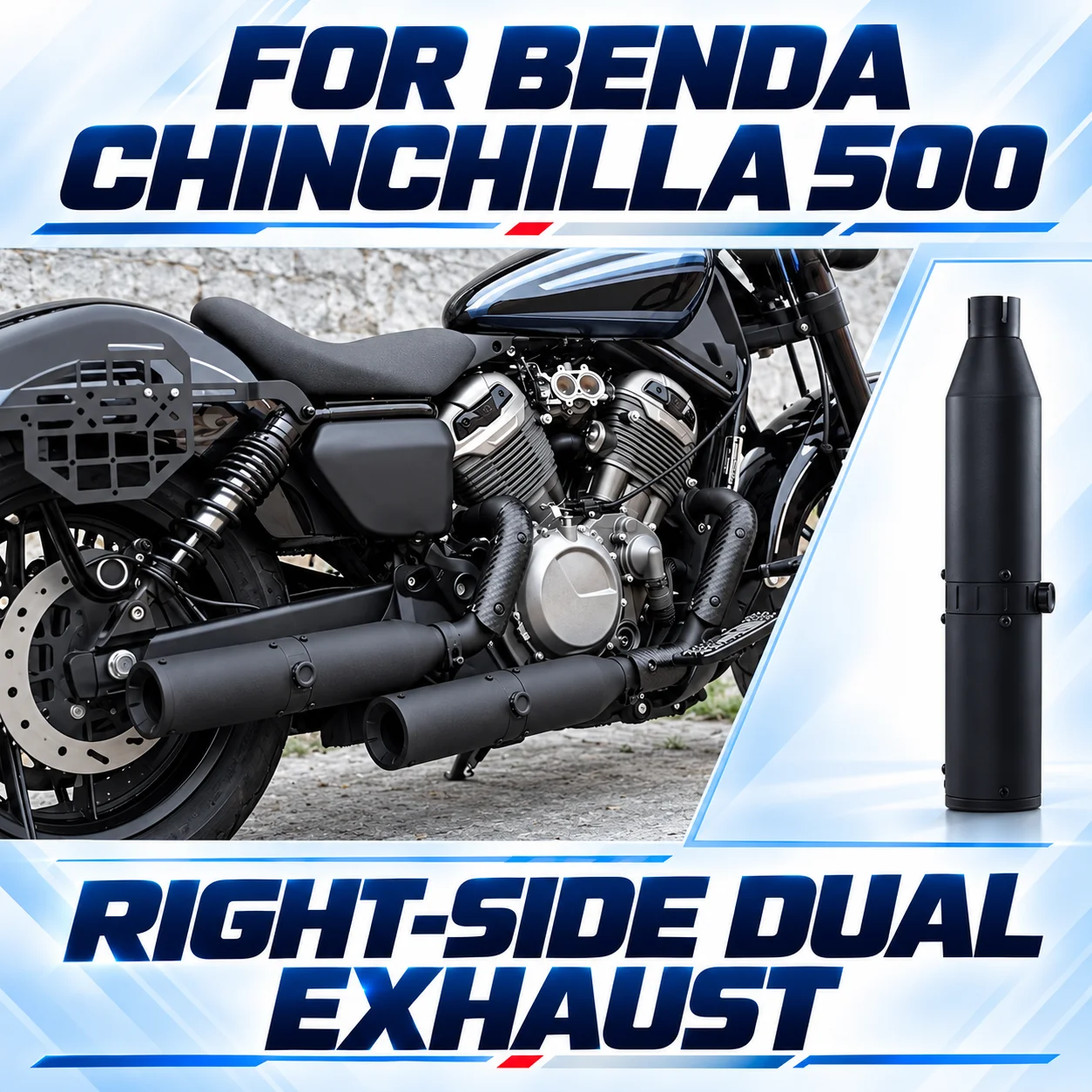 Central Valve Exhaust Pipe, Right Side Dual Outlet Adjustable Deep Sound for BENDA CHINCHILLA 500