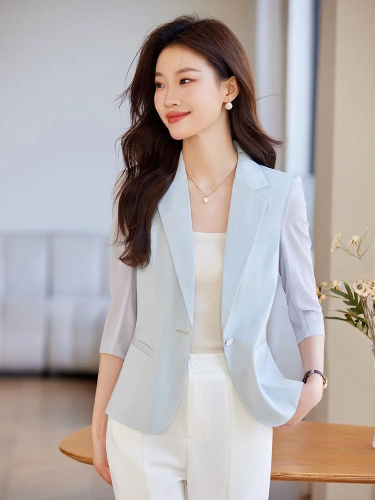 Light Blue Midi Sleeve Suit Jacket Women's Casual Thin Seven Sleeve Western Style Top Summer New Arrival Small Size Fashion