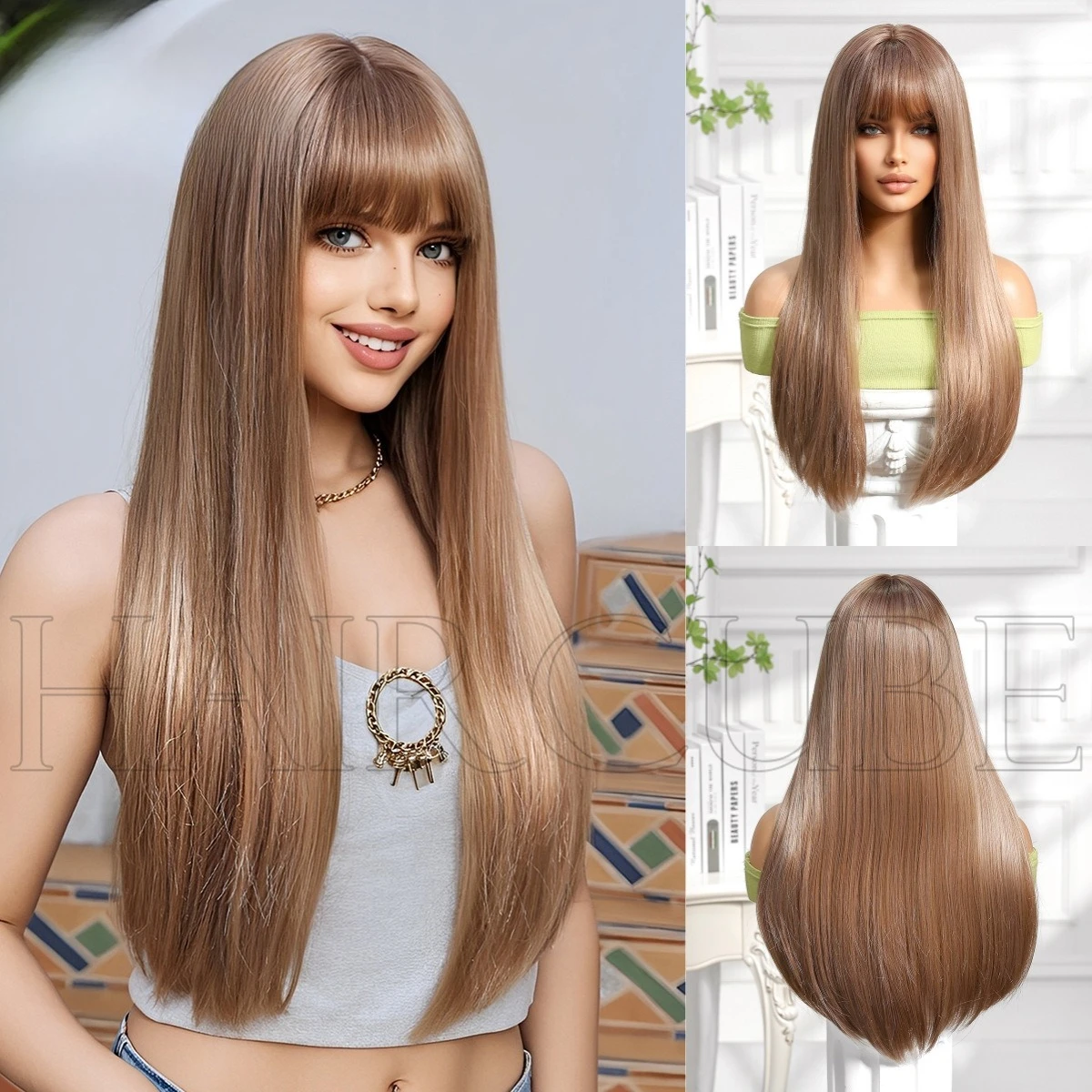 

Cloud bun home wig female honey tea linen long hair white hair color long straight hair full head cover type European and Americ