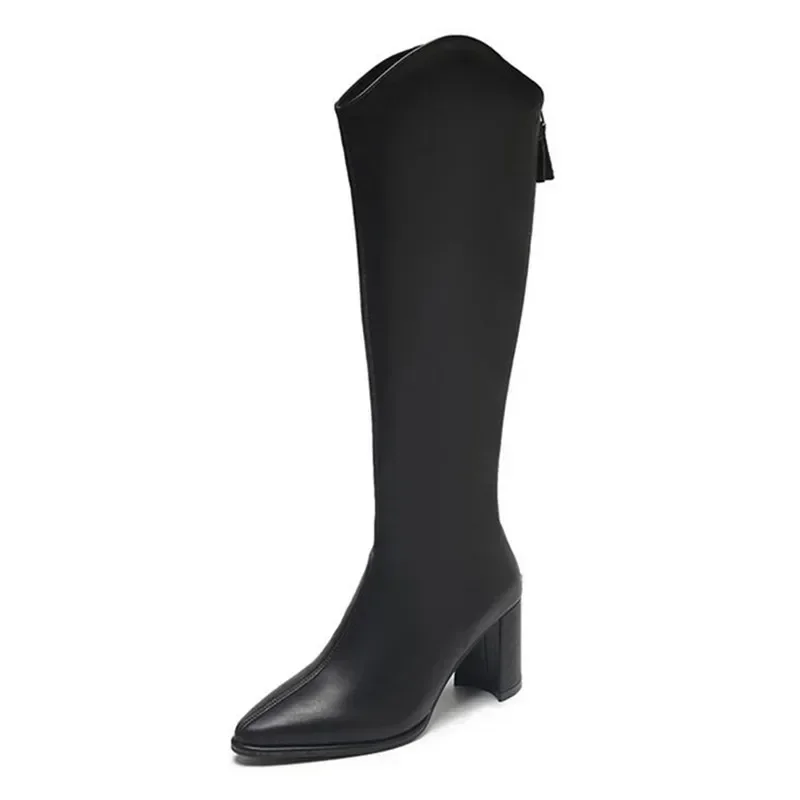 Soft Pu Leather Knee-High Boots Women 2024 Winter Short Plush Thick Heels Long Boots Woman Black Back Zipper Knight