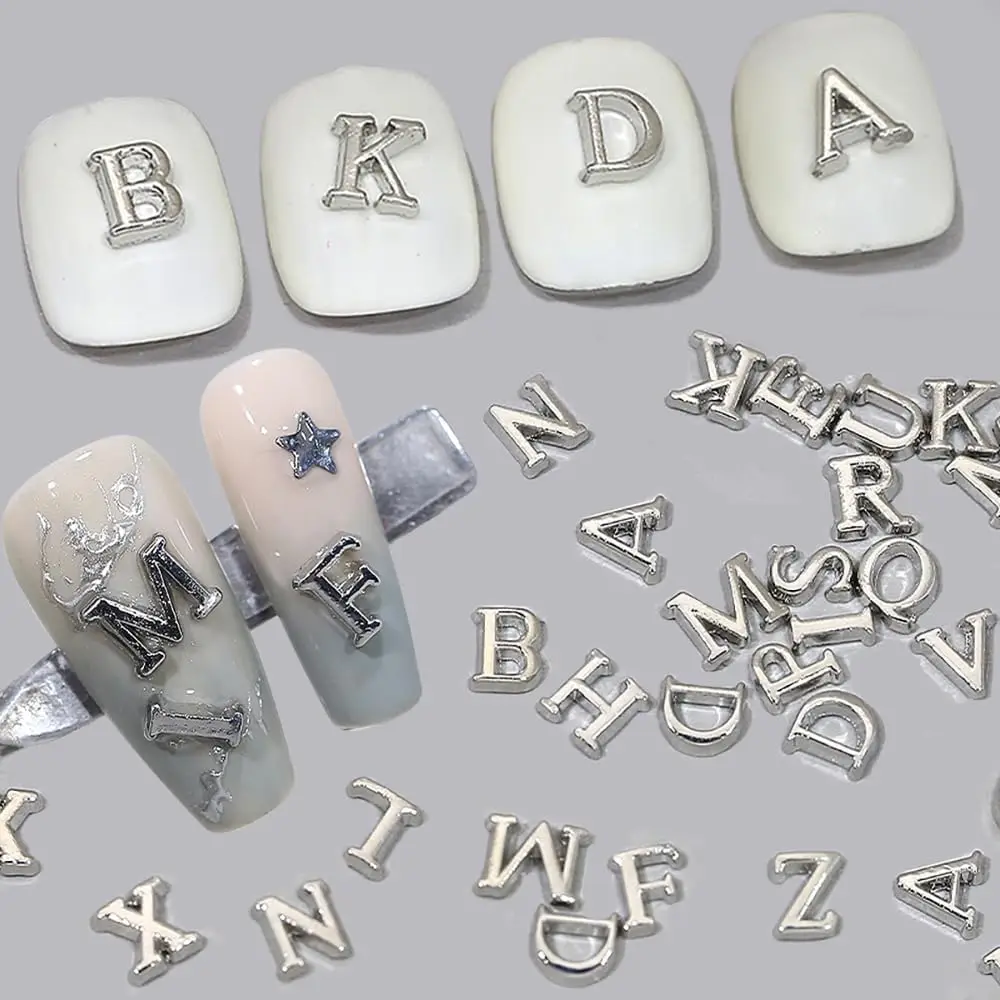 26Pcs 3D Silver Alloy English Letters Nail Charms Metal A-Z Alphabet Flat Back Nail Art Decorations DIY Manicure Accessories JS