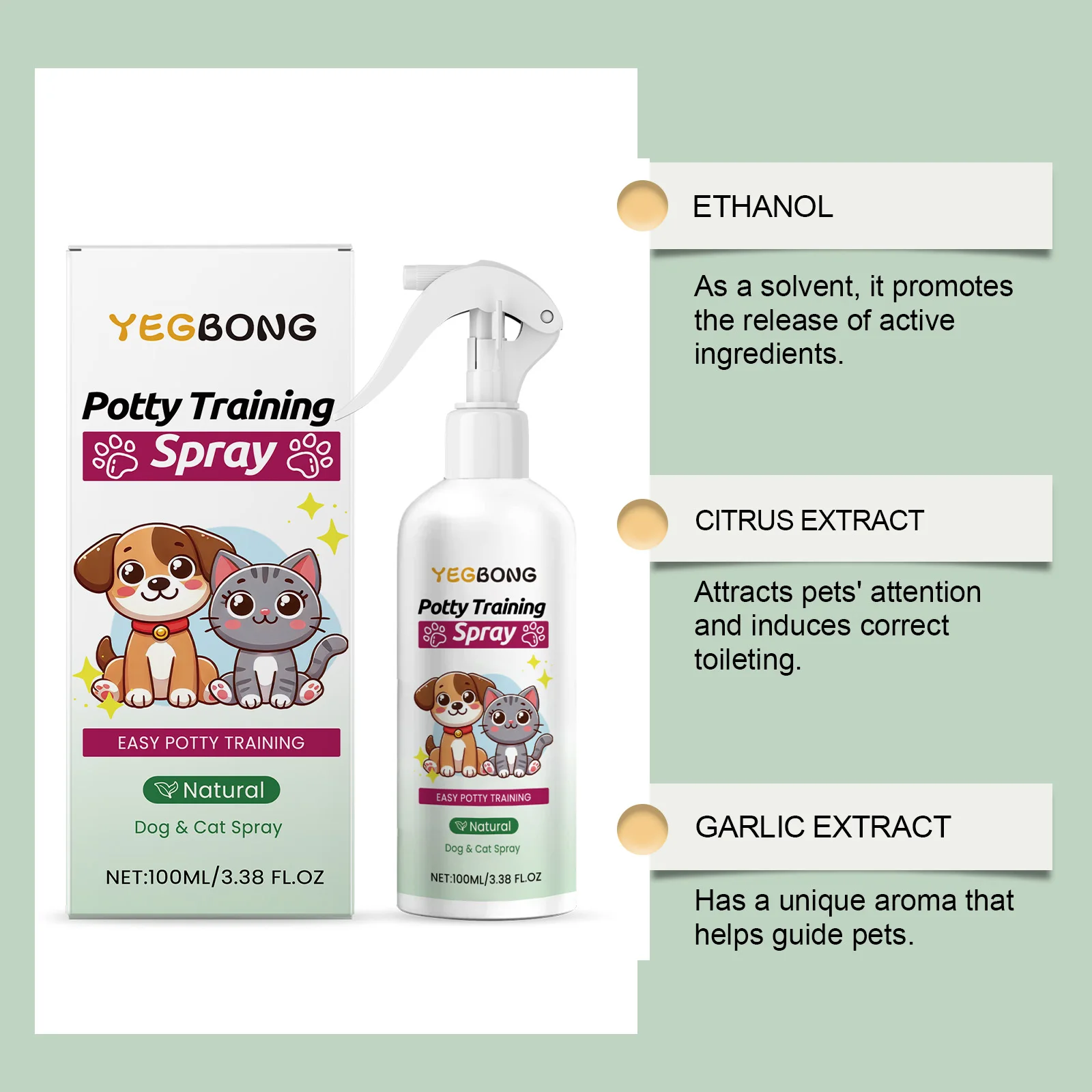 This pet potty training spray guides dogs and cats to the litter box, stops random urinating and defecating for house‑training.