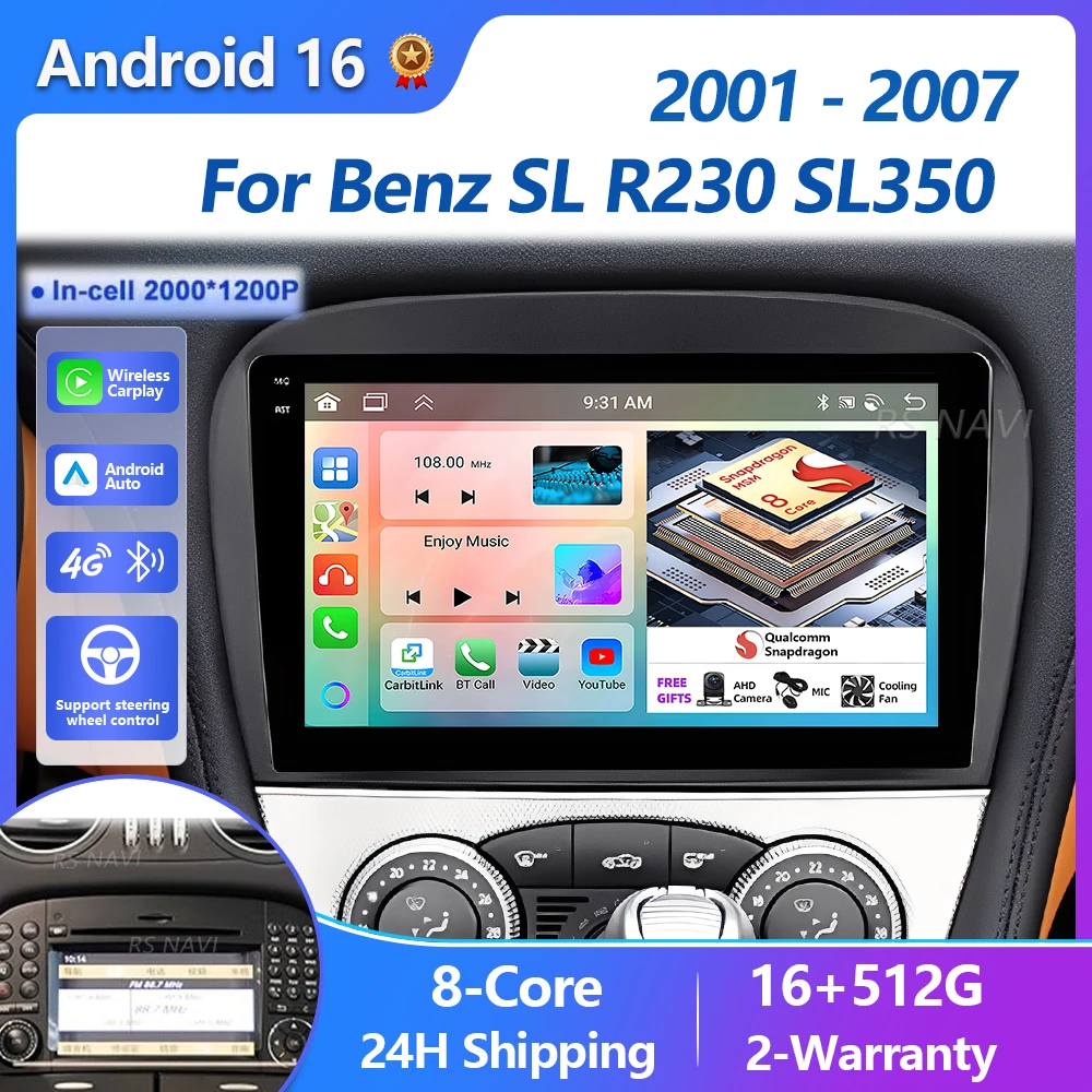 Plug and Play Android 16 Carplay Auto Qualcomm Screen Car Radio Player For Mercedes Benz SL R230 SL350 SL500 SL55 SL600 SL65 GPS