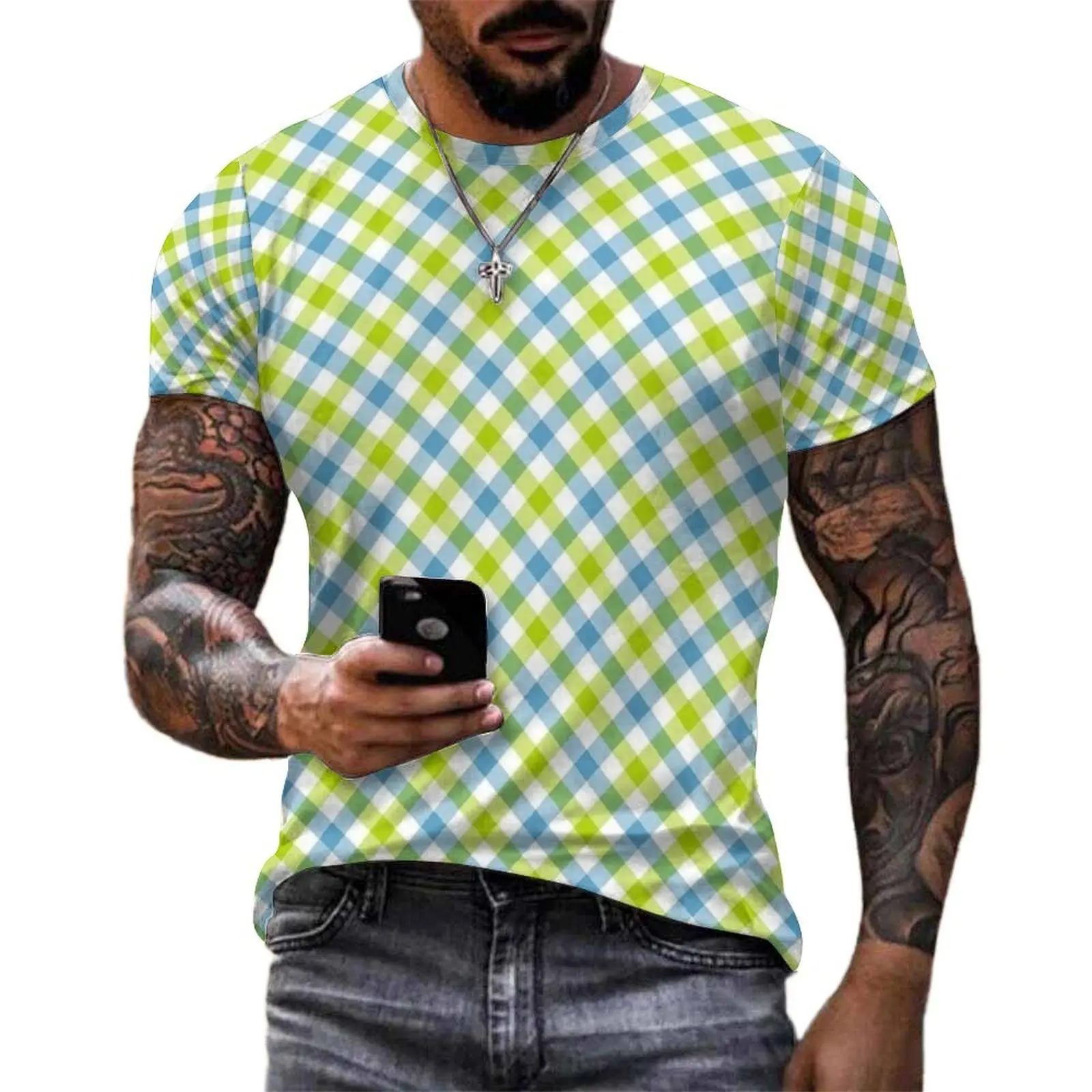 Male Check Plaid Tartan Retro Design T Shirt Hip Hop T Shirts Short Sleeve Graphic Tshirt Wholesale Summer Y2K Oversize Clothes