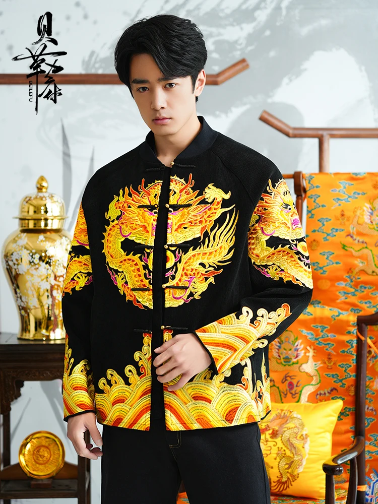 Chinese Style Gold Embroider Dragon Robe New Chinoi Emperor Tang Suit Autumn Winter Outwear Men Stand Collar
