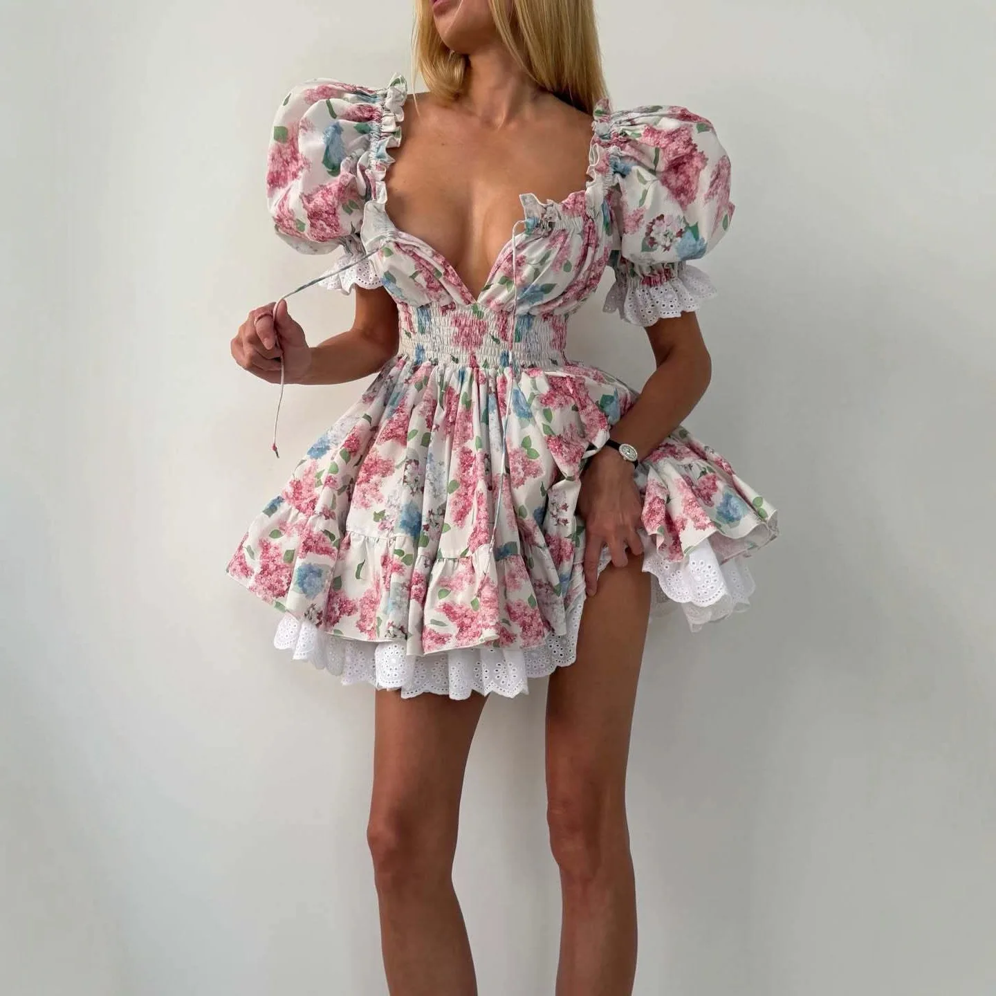 Fashion Floral Lace Trim Corset Dress, Square Neck Tie Waist Bodycon Dresses Spring Summer