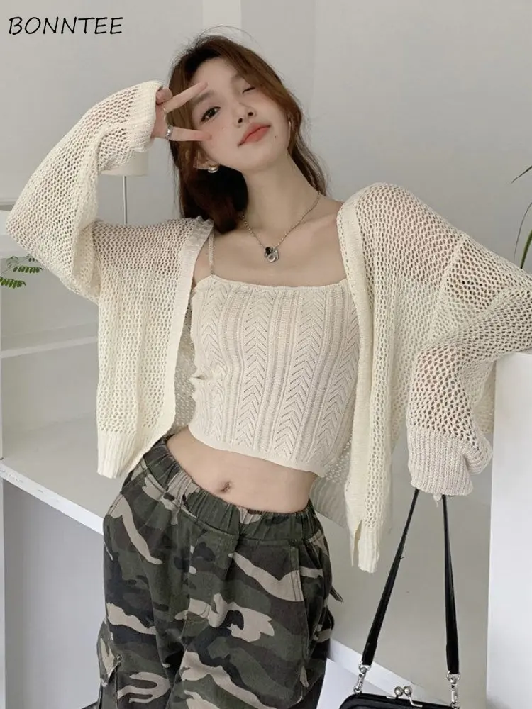 

Cardigan Women Design Sweet Simple Hollow Out Fashion Knitting Leisure Summer Sun-proof Daily Loose Sexy Thin All-match Solid