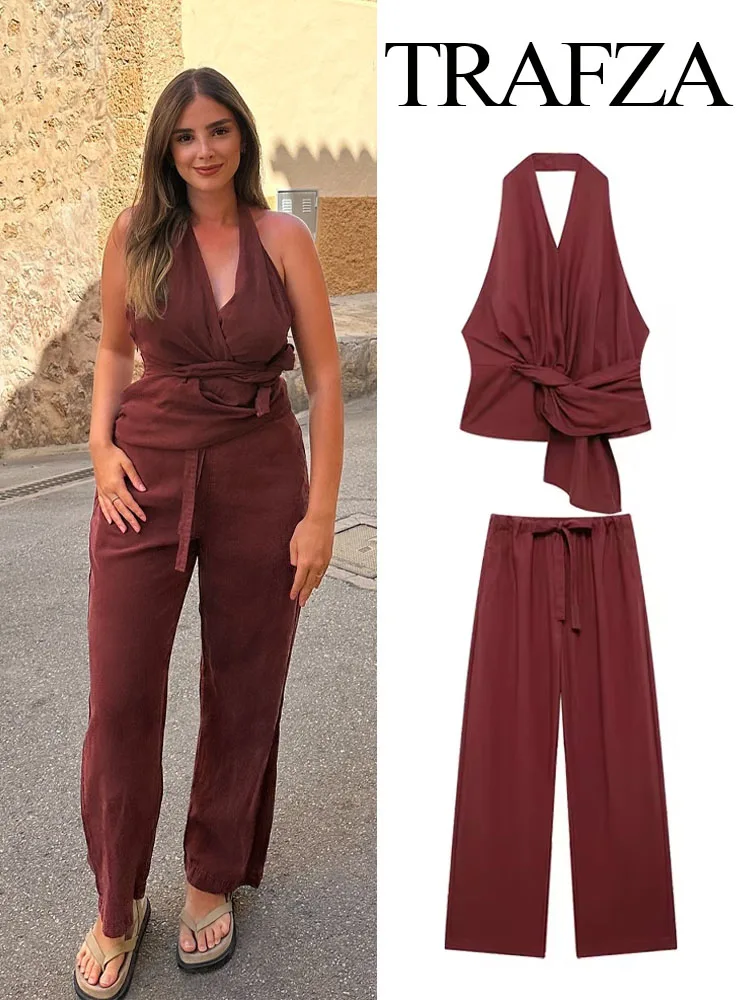 TRAFZA ​​​​Women Fashion Suits V-Neck Sleeveless Backless Side Zipper Sexy Tops+Elastic Waist Lace-Up Wide Leg Pant Female Sets