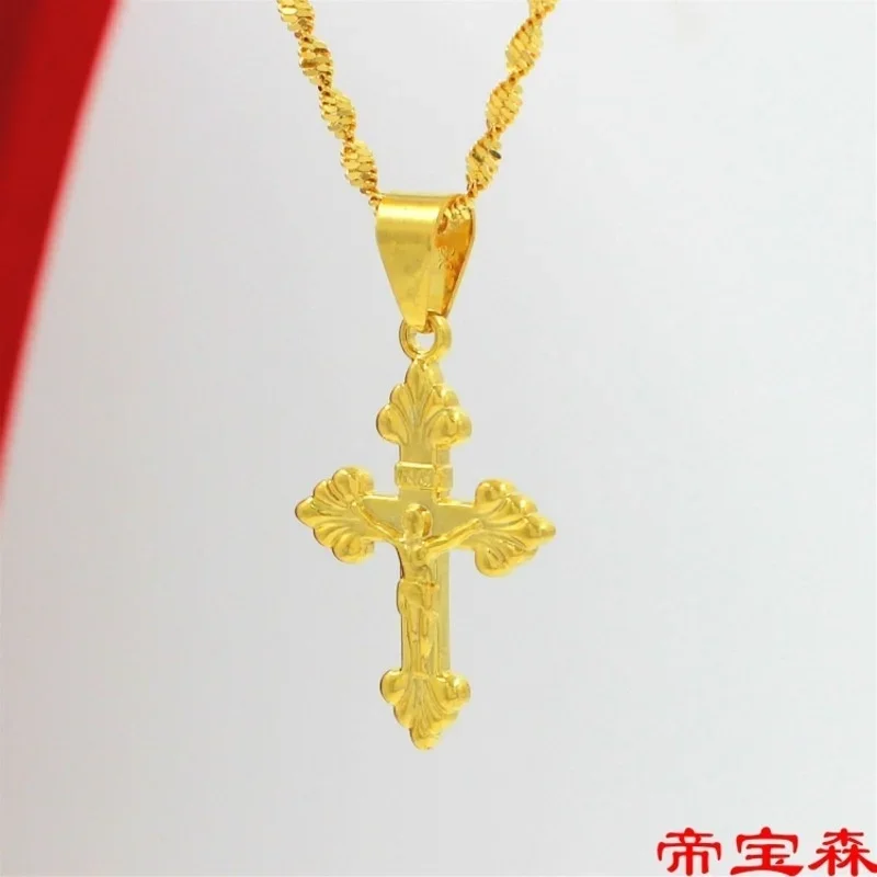 Collier croix plaqué or véritable pour hommes et femmes, chaîne de clavicule 24 carats 100%, ornement pendentif 999, bijoux en or pur 18 carats, 999