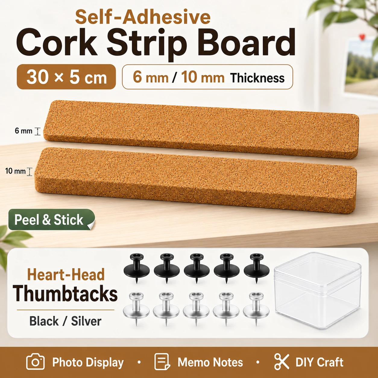1-3Pcs Self-Adhesive Cork Strip 30x5cm, Frameless Bulletin Board Panel for Memo Photo Display Notice Board Pin Board