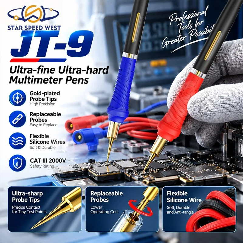 JTX TOOLS JT-9 Ultra Fine Ultra Hard Multimeter Test Leads with Gold Plated Replaceable Probes Flexible Silicone Wire for Repair