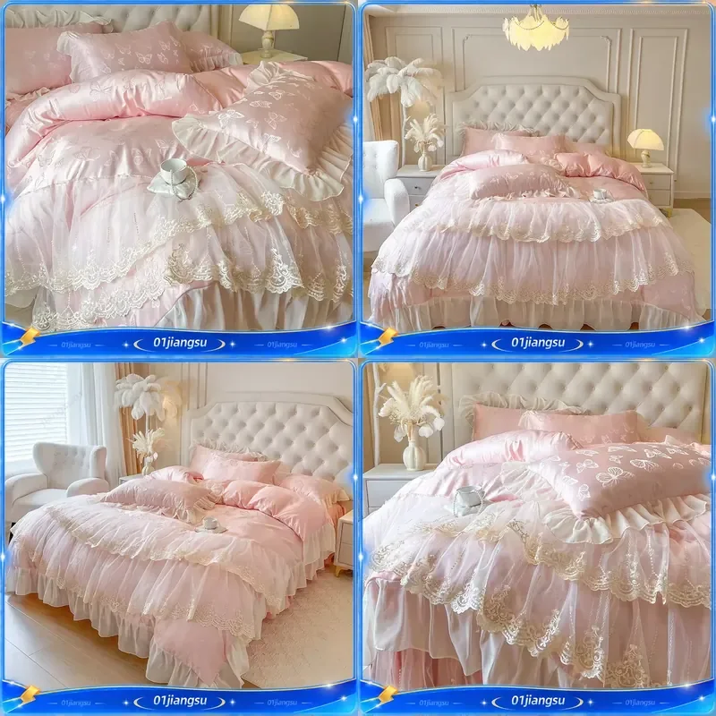 4 6Pcs Pink Butterfly Jacquard Lace Ruffles Princess Wedding Bedding Set Duvet Cover Bed Skirt Bedspread Pillowcases Home