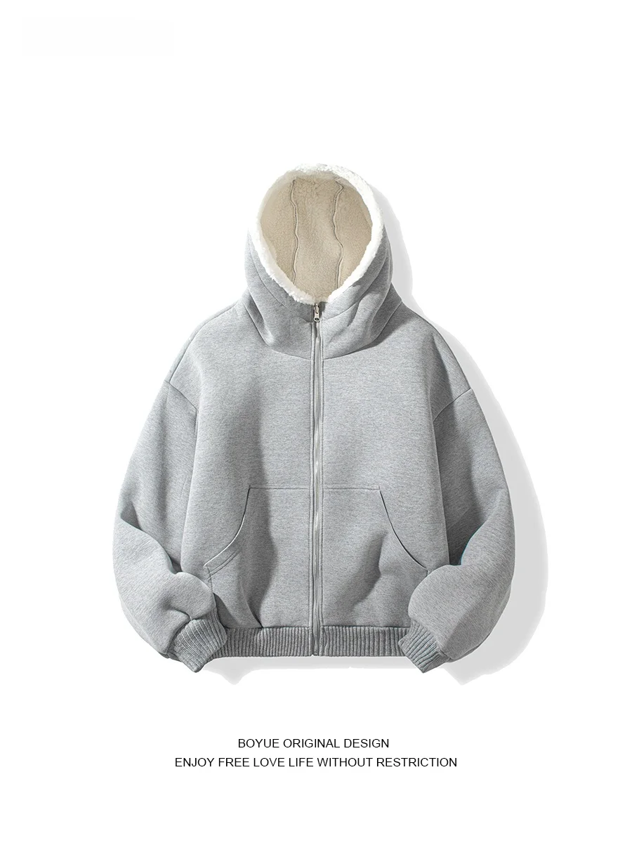 

Boyue Pure Color Thiened Lamb Velvet Hooded Jaet Youth Faion Warm Cotton Coat for Men Double-Sided Wear Winter Coat