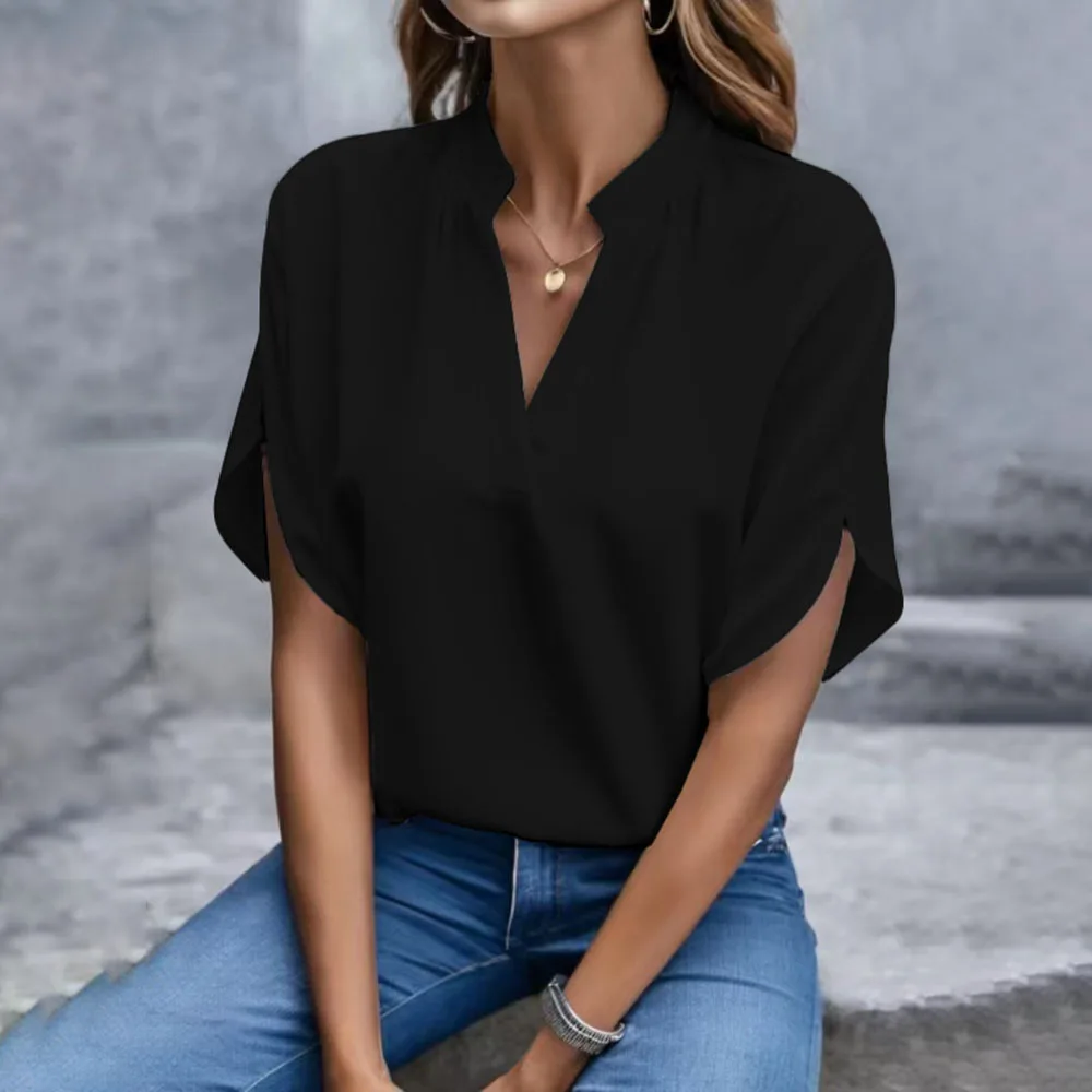 2024 Summer Short Sleeve Loose Blouse Femme Casual Ladies V Neck White Top Women Elegant Simple Ladies Shirts Blouse