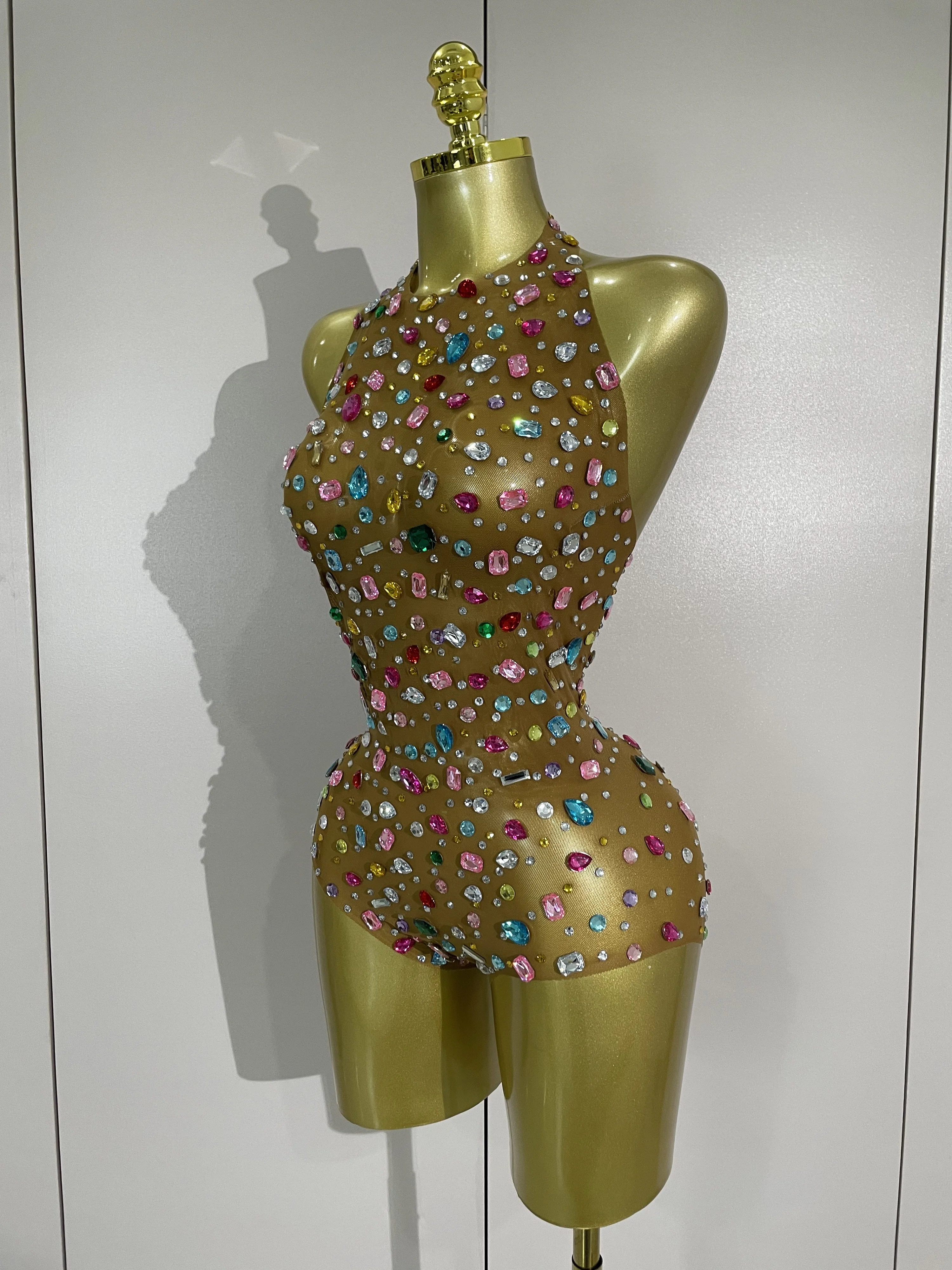 Women Sparkly Colorful Diamond Mesh See Through Bodysuit Sexy Backless Performance Dance Costume Celebrity Nightclub Stage Wear