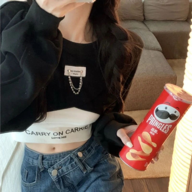 O Neck Chain Irregular Y2k Sweatshirts 2022 Fashion Korean Crop Tops Harajuku Punk Gothic Streetwear Women\'s Clothing Camis Suit