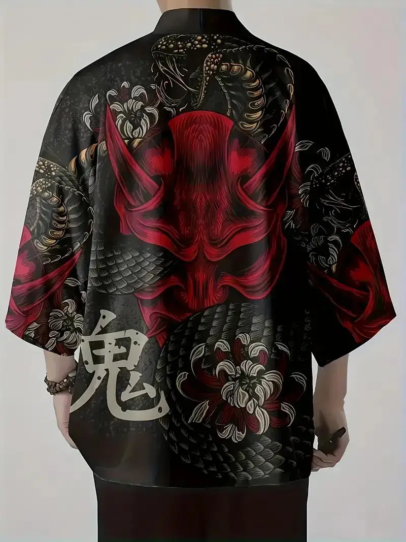 

Mens Kimono Shirt Y2K Tops Kimono Cardigans Ghost Mask Hip Hop Shirt Men Lightweight Cardigans Japanese Kimono Haori Yukata