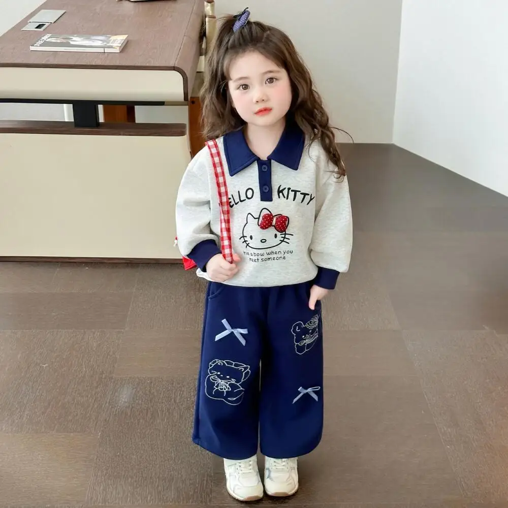 

Комплект из 2 предметов: свитшот с воротником и спортивные брюки Sanrio Hello Kitty для девочек, весна 2026, новая модная корейская повседневная спортивная одежда для малышей