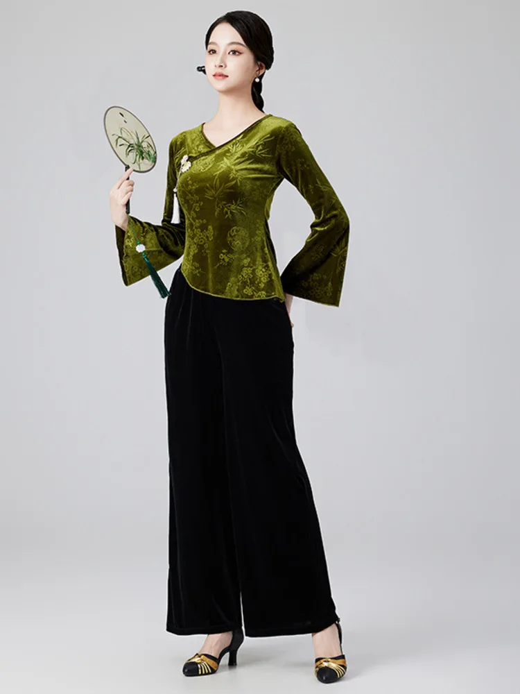 

Бархатный топ с длинными рукавами и v-образным вырезом и юбкой с высокой талией, танцевальная одежда из двух предметов для женщин, наряд для современной танцевальной практики, сценического выступления