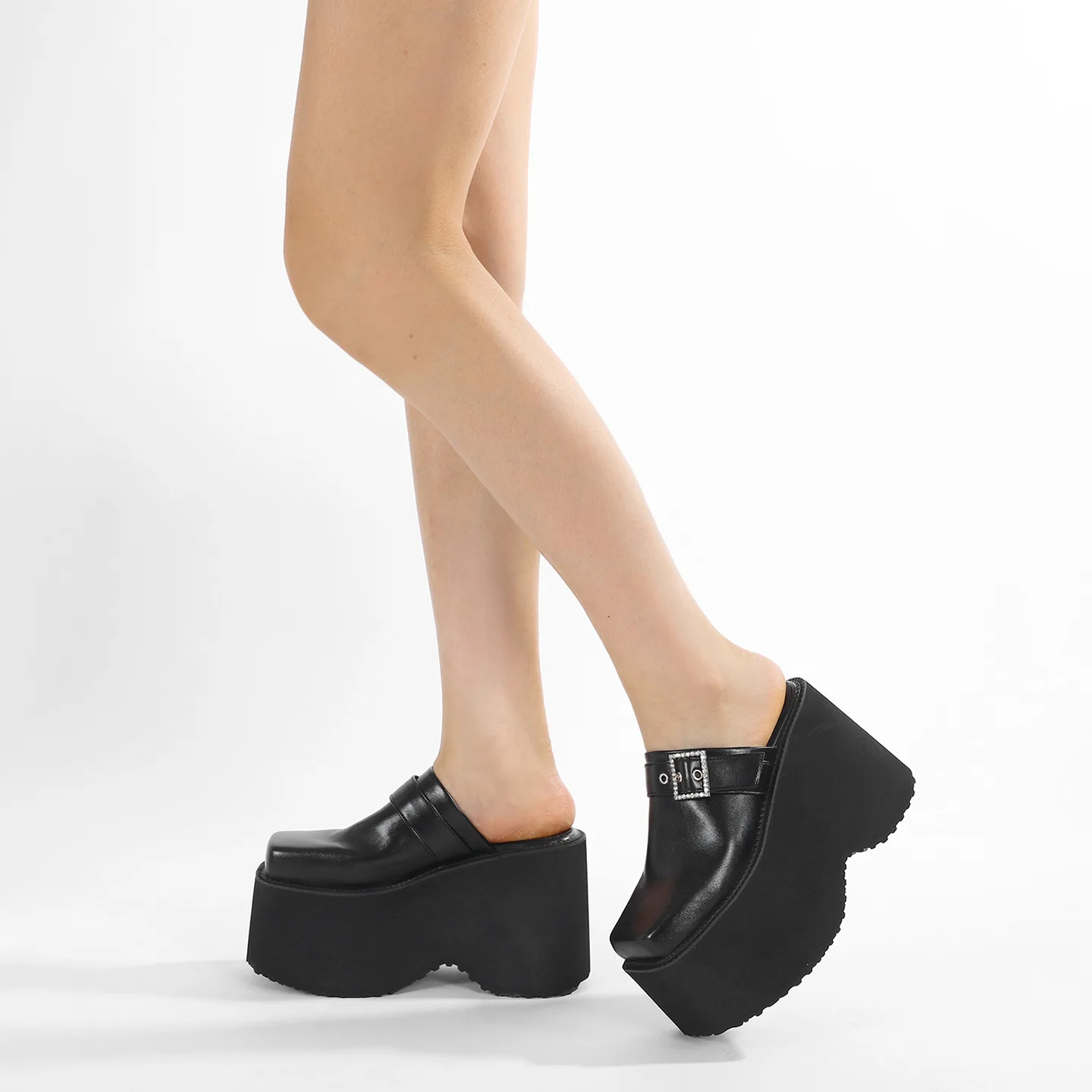 Women Crystal Rhinestone Mules High Heel Platform Sandals Thick Sole Closed Toe Slipper Casual Half Shoes Summer Outdoor